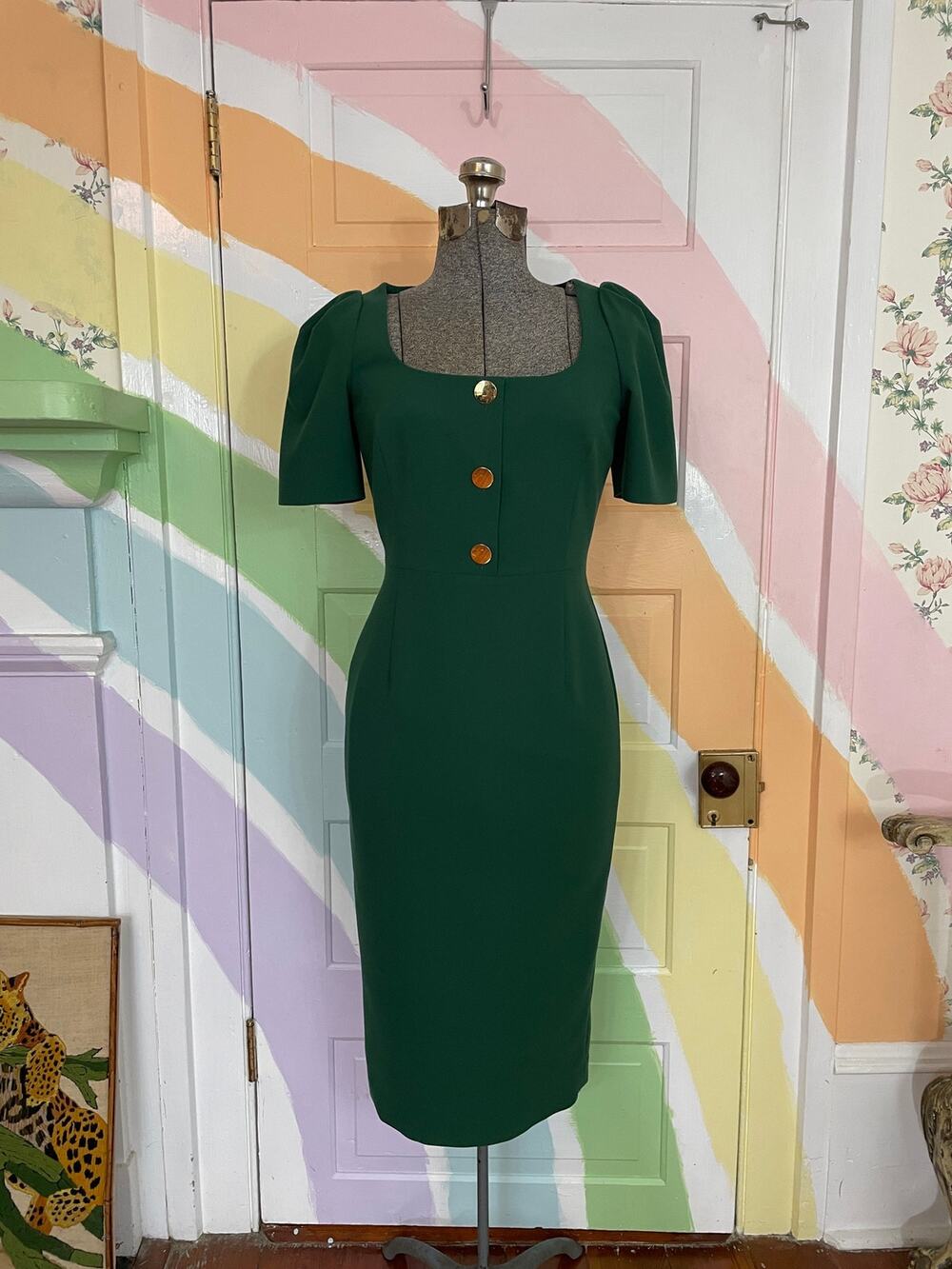 L.K. Bennett Folly Green Sheath Midi Dress US 2 Gold Buttons AW23